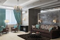Luxurious modern living room with chandelier, sofa, armchairs, and stylish decor.