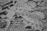 Intricate black and white doodle illustration featuring aliens in a UFO amidst imaginative cityscape and robots.